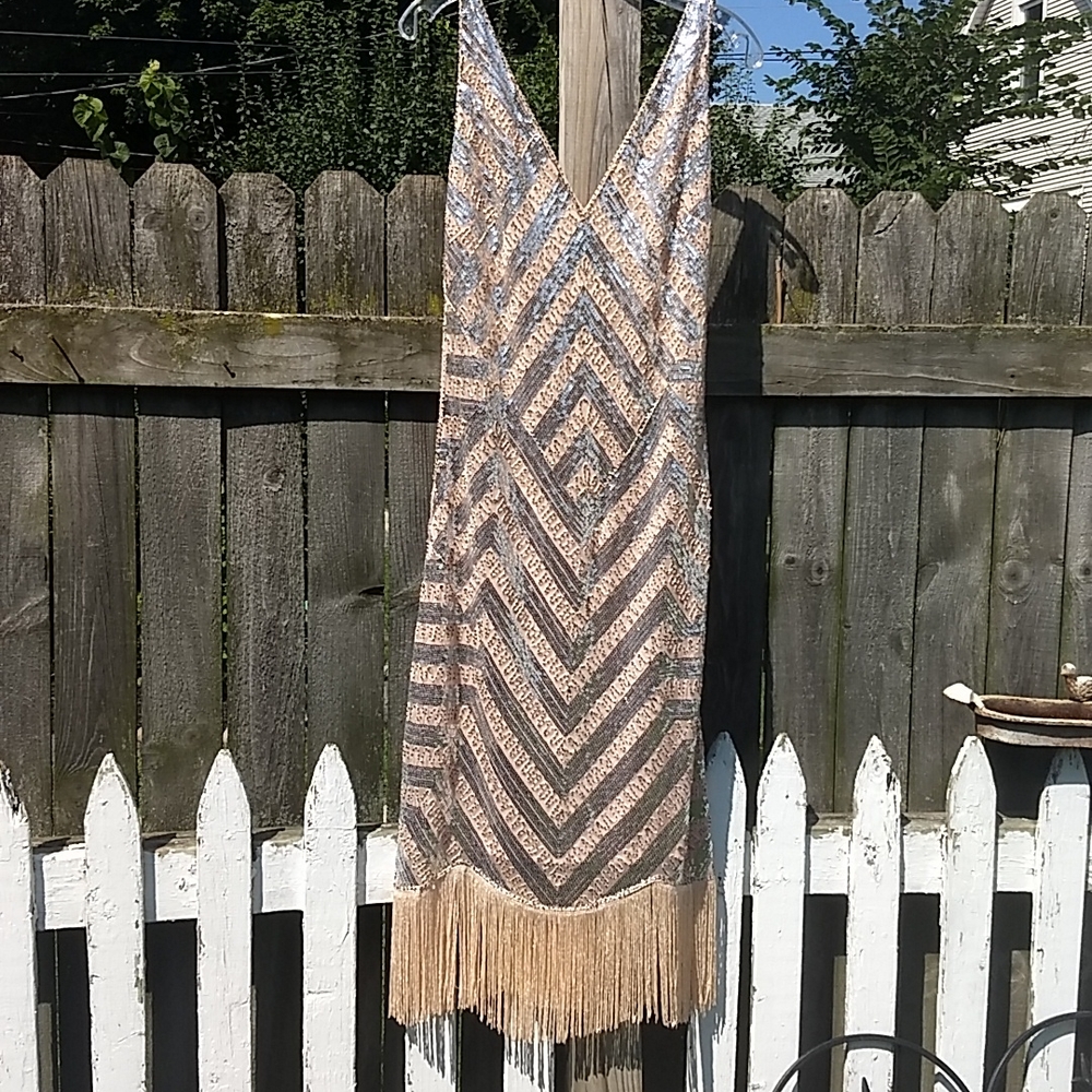 Nude mesh and silver sequined cocktail dress.Simple sophistication.NWT